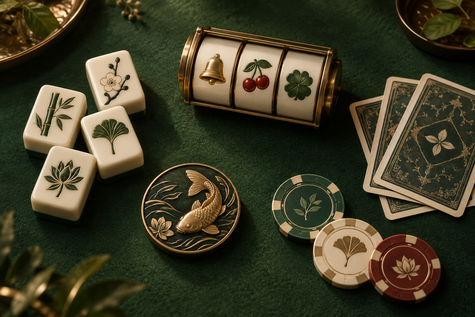 Ilustrasi meja kasino hijau dengan kartu, keping, ubin mahjong dan gulungan slot
